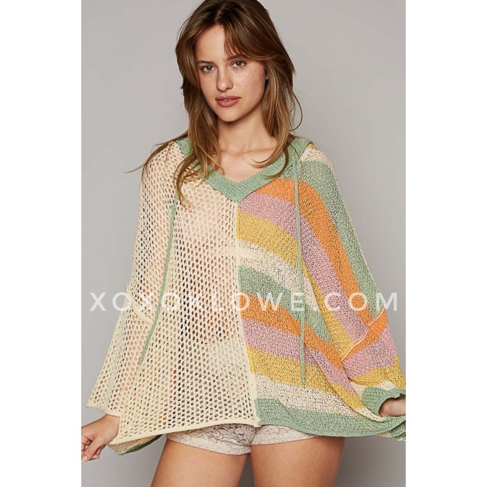 POL Striped V-Neck Open-Knit Sweater in Cream, Mint, Pink, Yellow, Orange